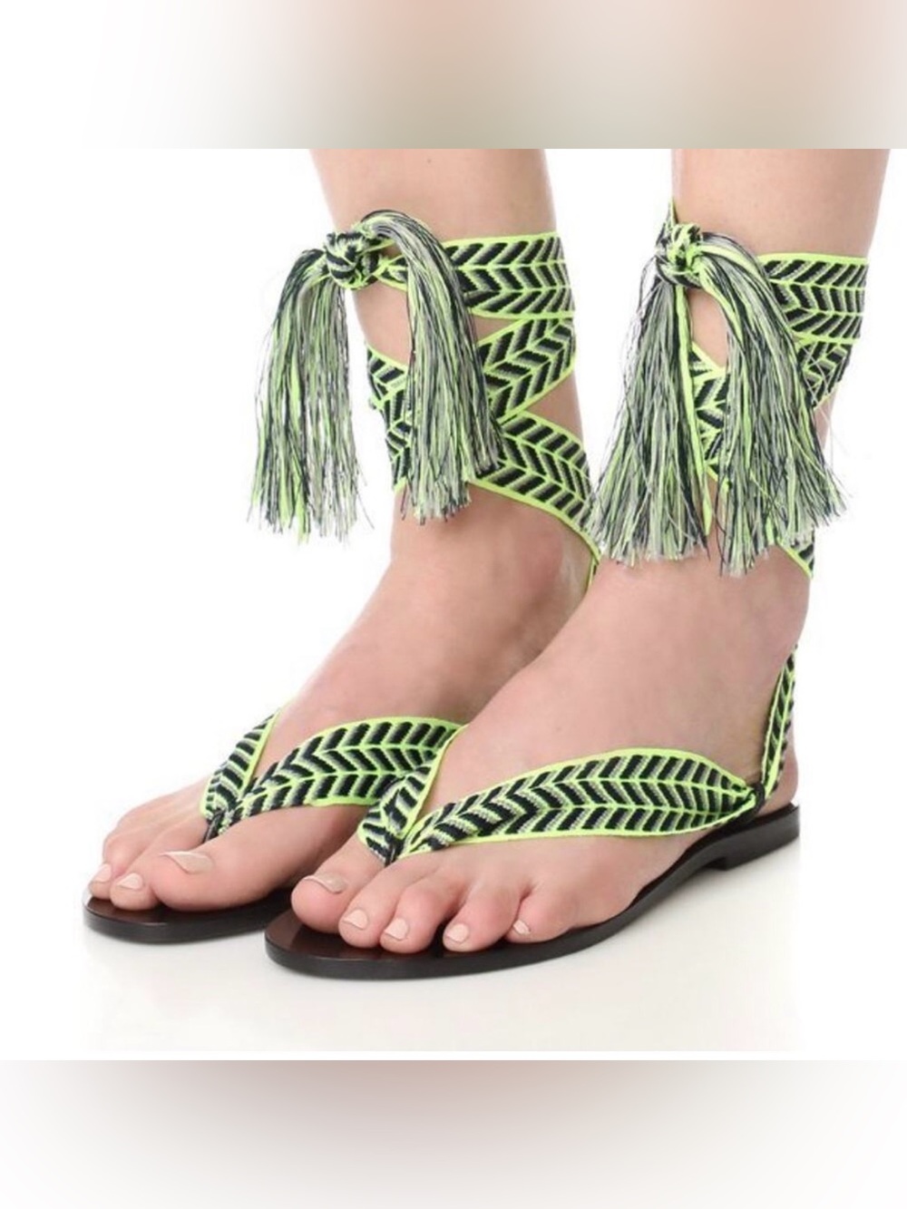 NEW NUPIE BLACK ZIG ZAG PRINT ANKLE WRAP SANDALS FLATS SHOES SIZE 37 6.5